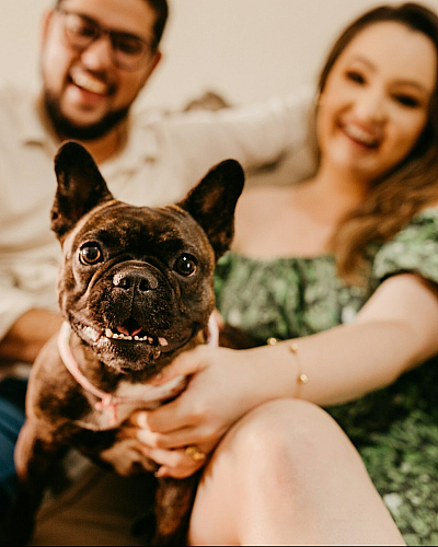two people sitting on a sofa with their small dog in the middle