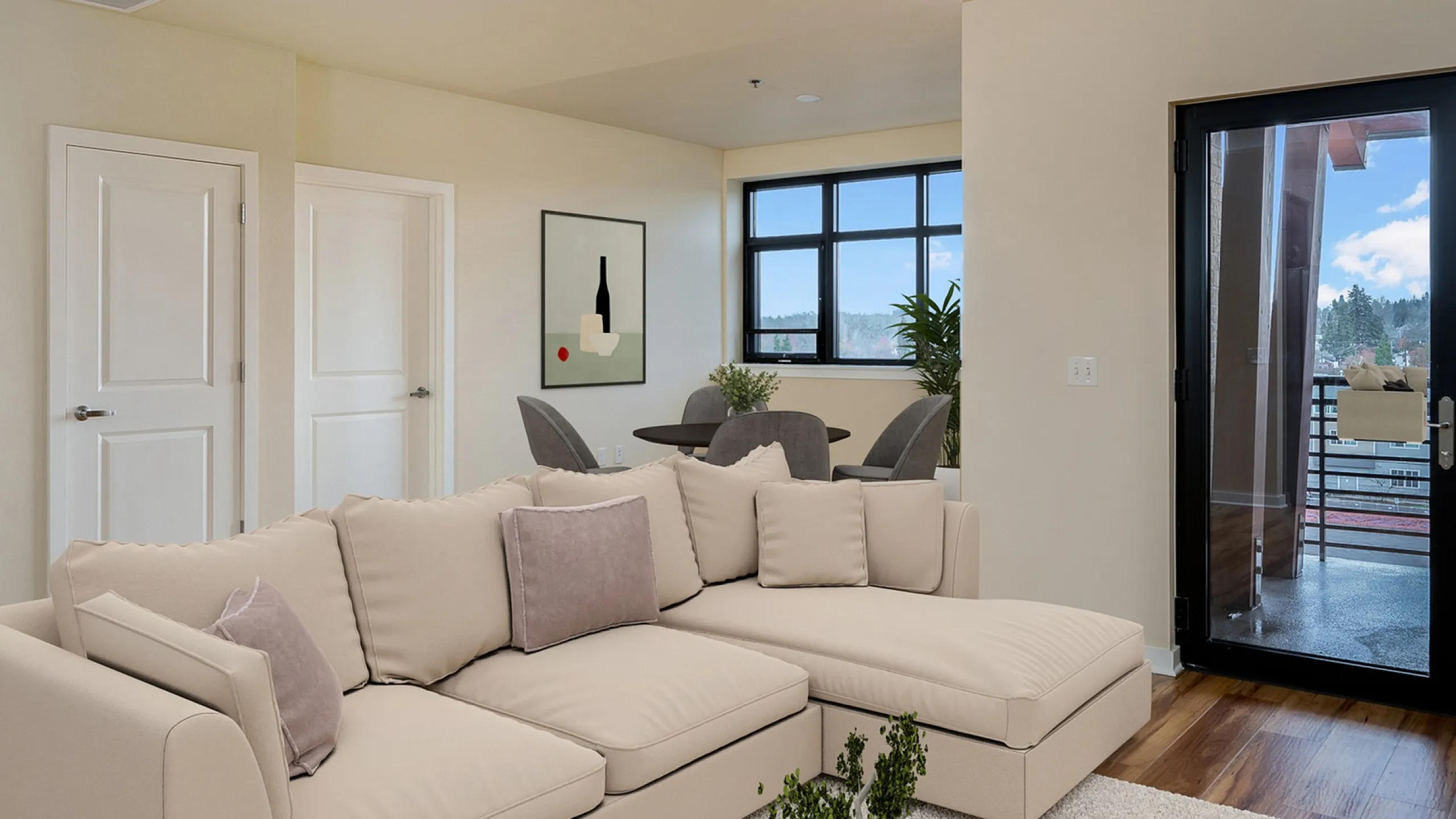 living room with suede sofa and outdoor patio