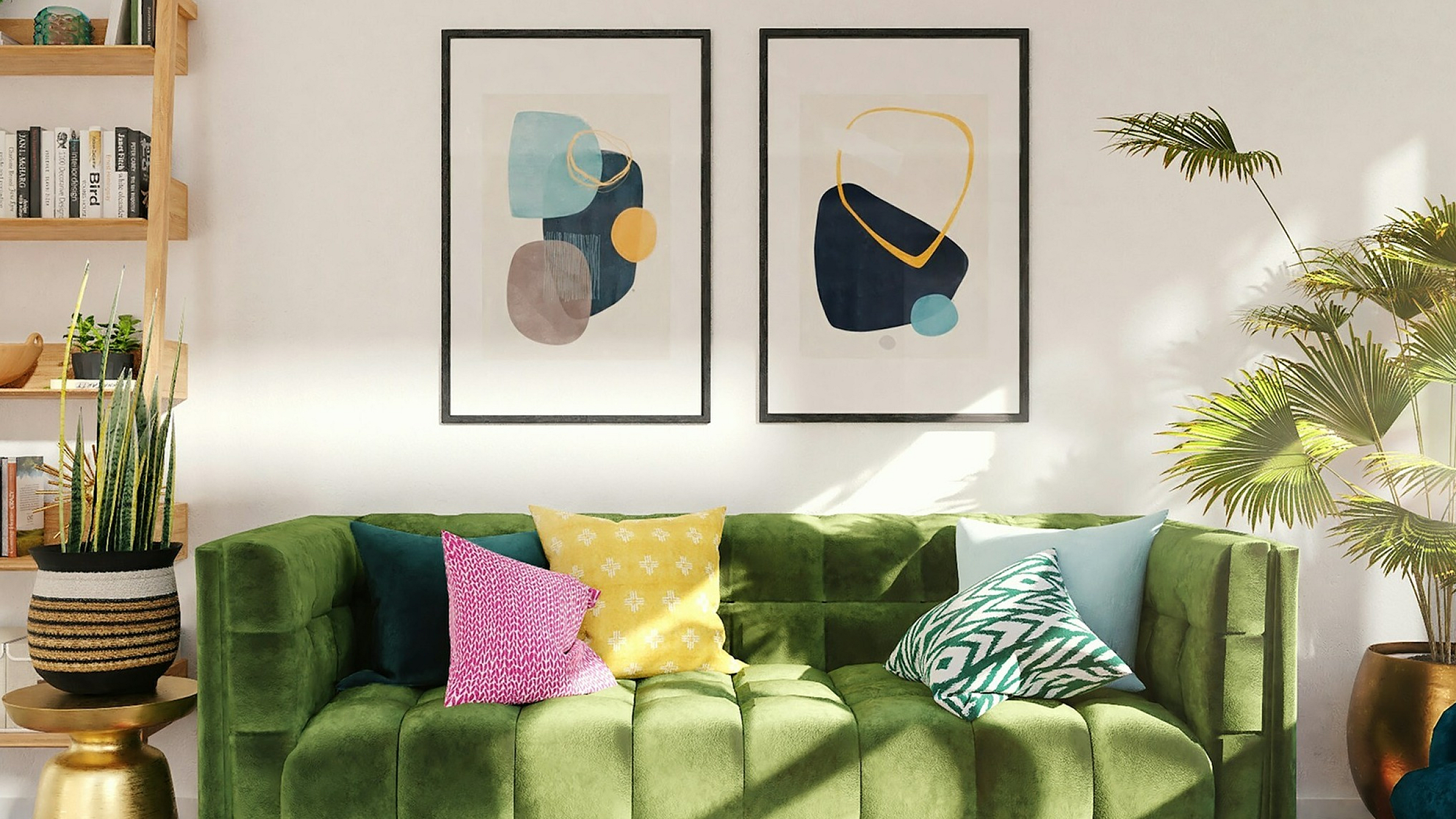 green sofa with decorative accent pillows