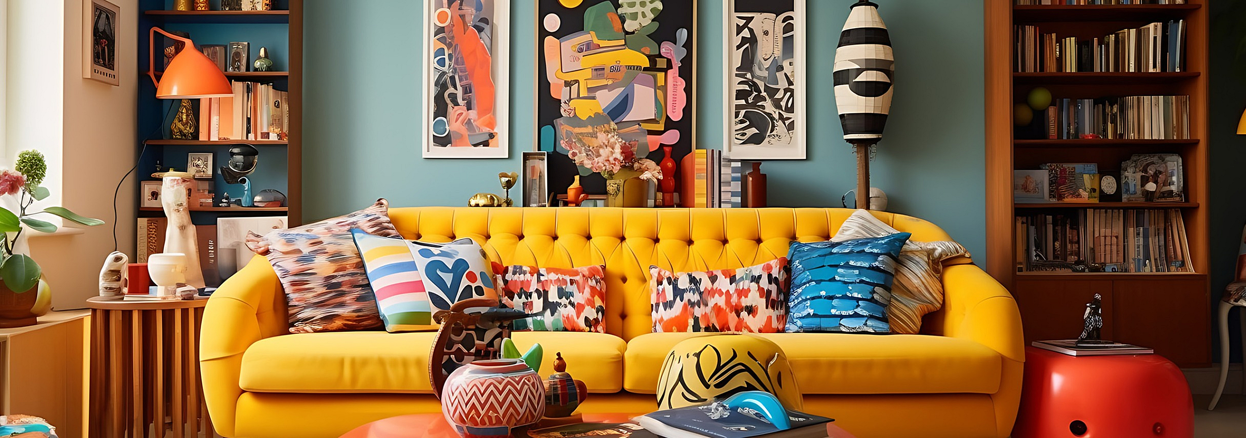 rendering of a living room with a yellow sofa and accent pillows and decorative items on a coffee table