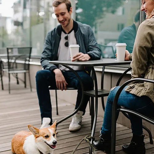 people sitting down for a coffee with their dog laying on the floor
