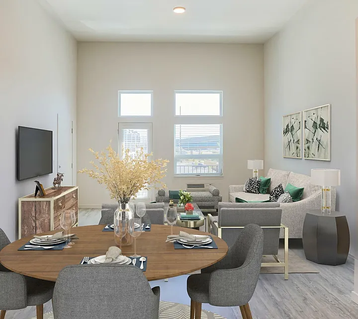 virtually staged living room with beige sofa and two grey chairs at rogers landing