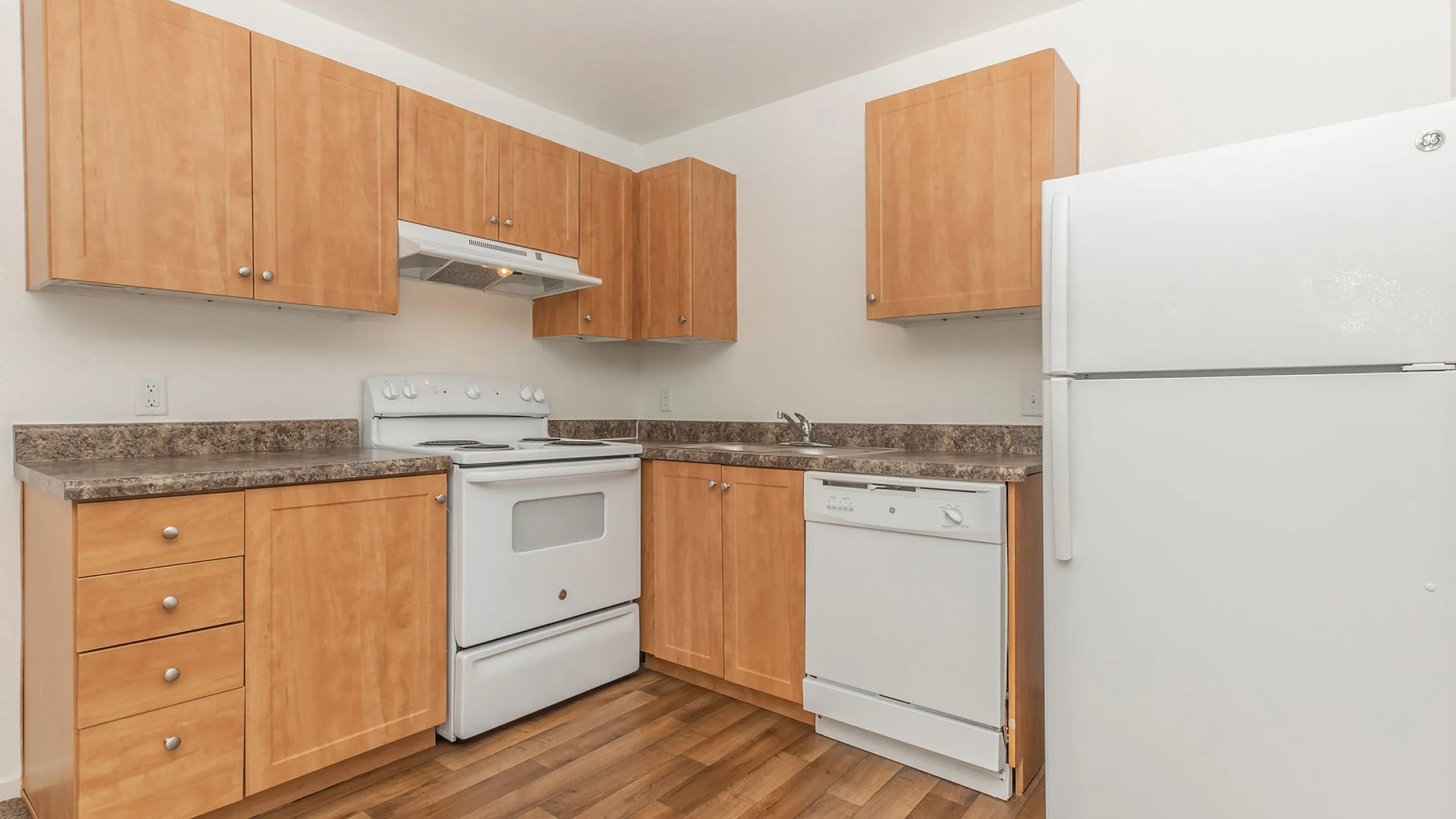 kitchen with white appliances and wood like flooring