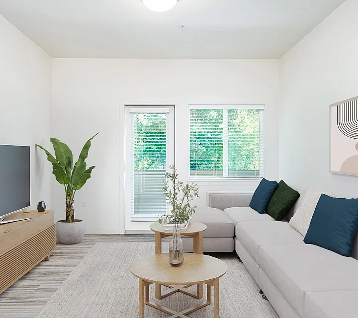 Living room leading out to balcony staged