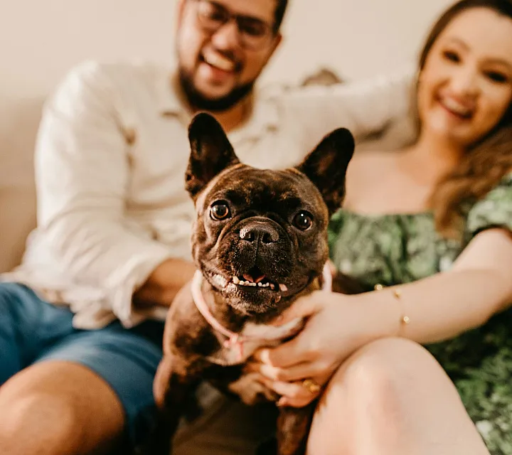 two people sitting on a sofa with their small dog in the middle