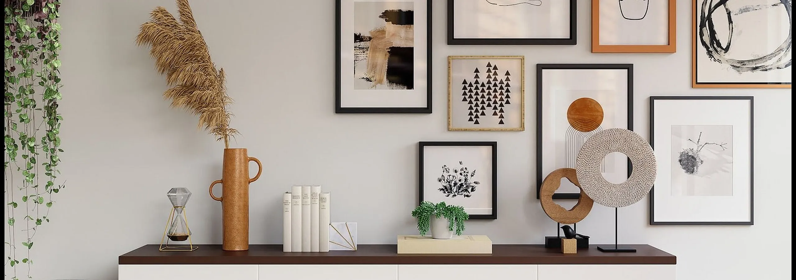 close up of credenza with plants and books