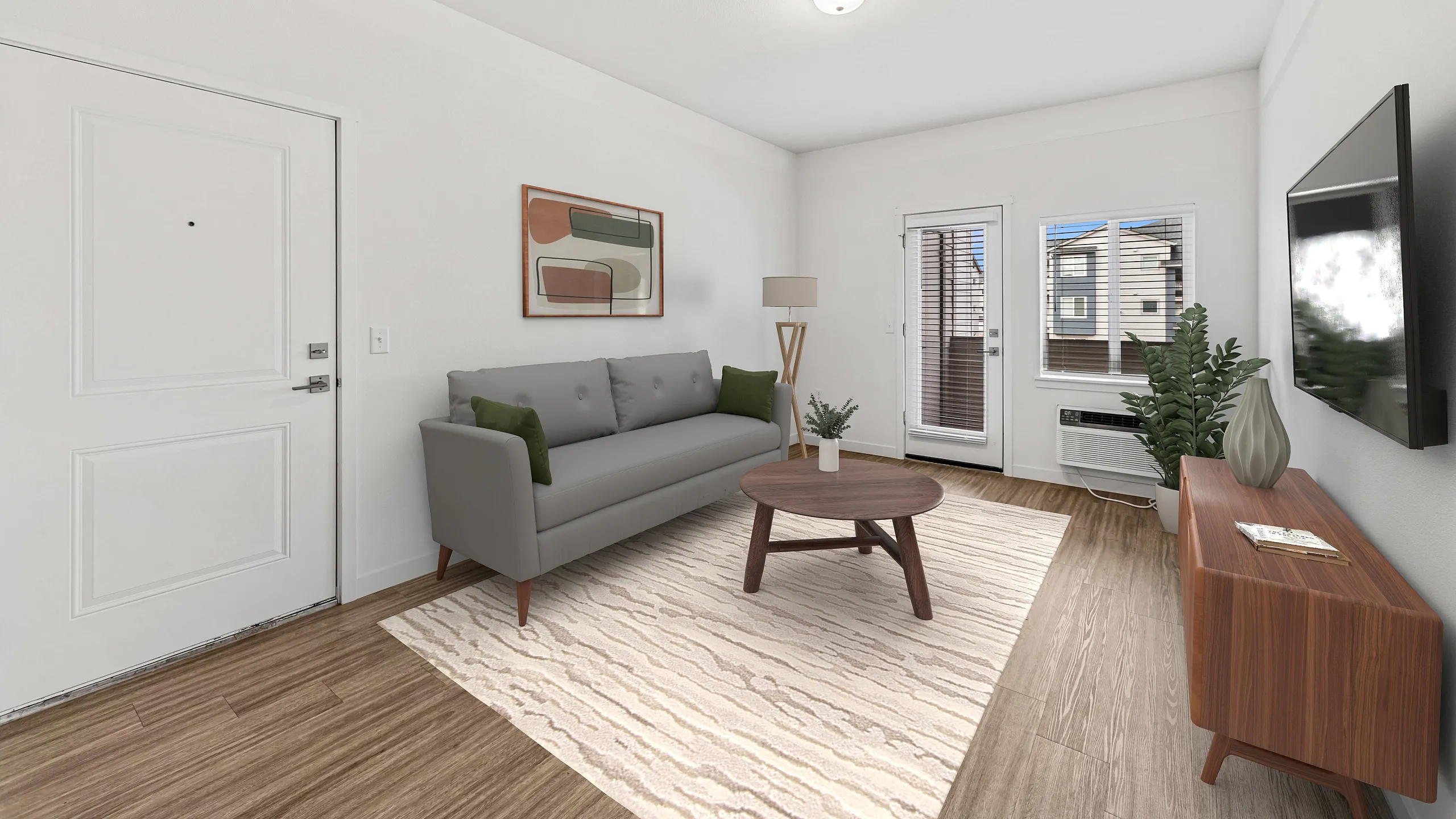 virtually staged living room with wood like flooring at fernhill