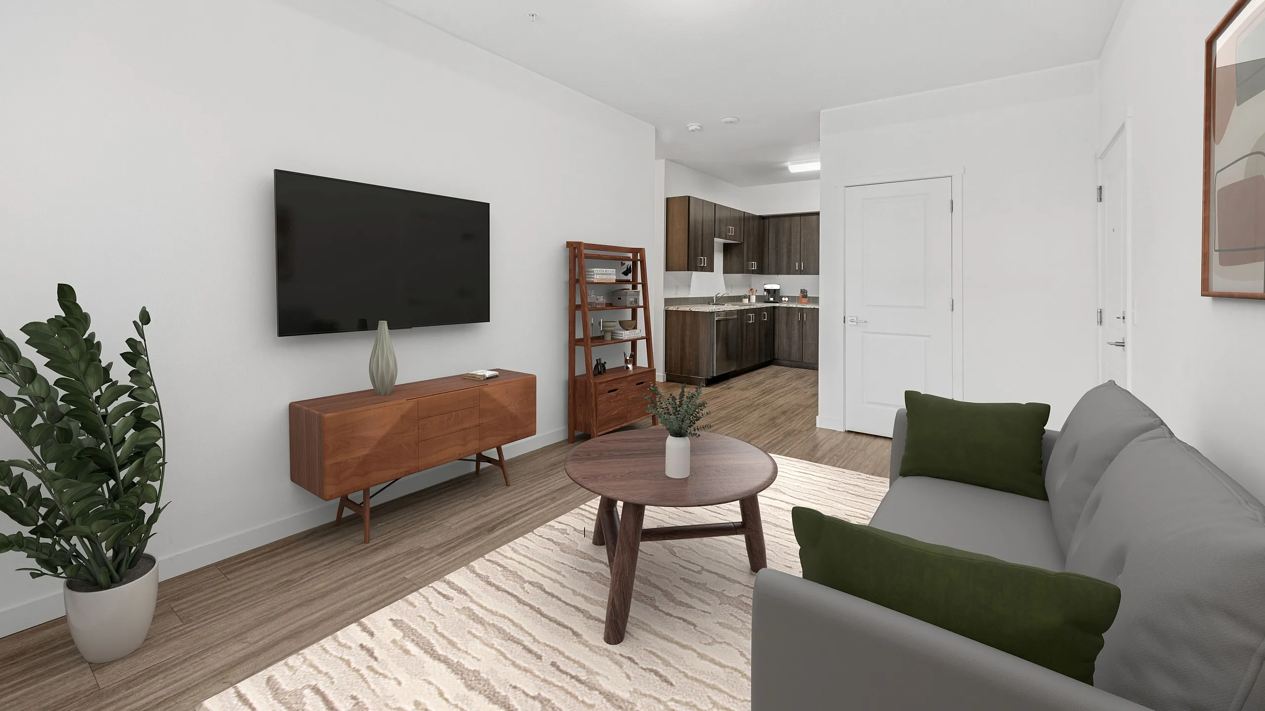 living room virtually staged and kitchen