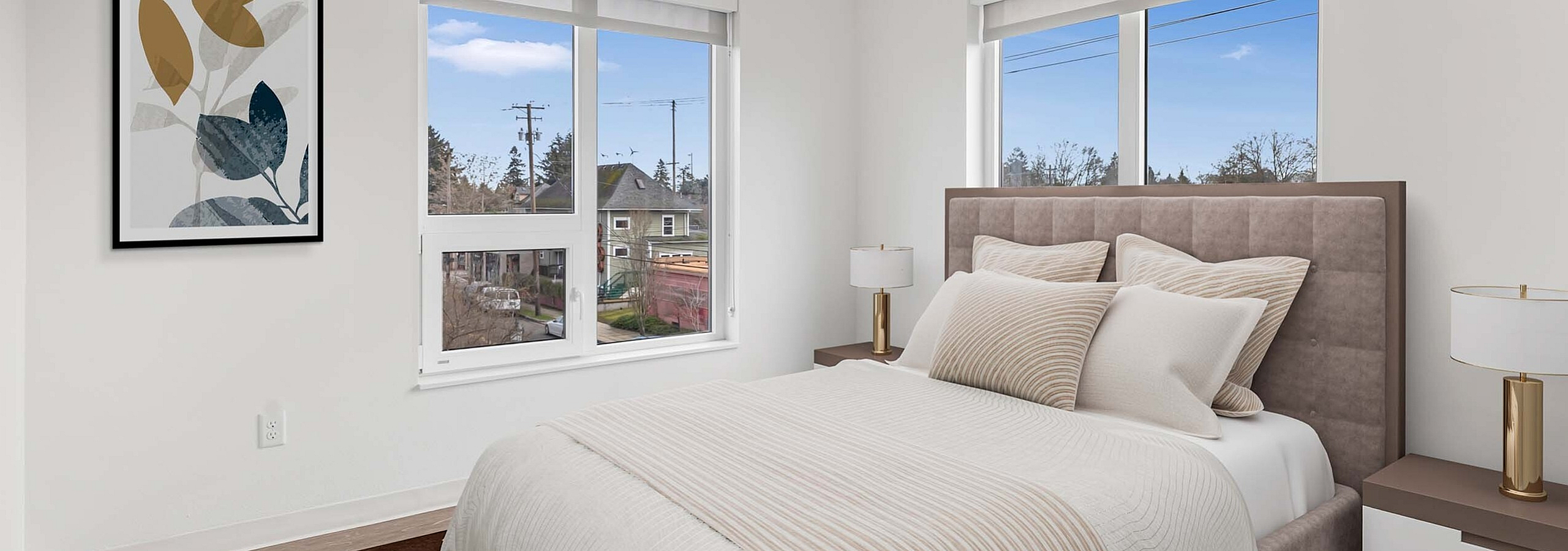 Stylish bedroom with modern interior design at Koz on N. Killingsworth.