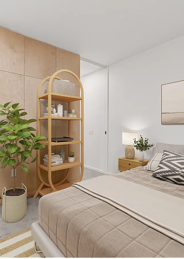 virtual staging in bedroom with bookshelf and bed