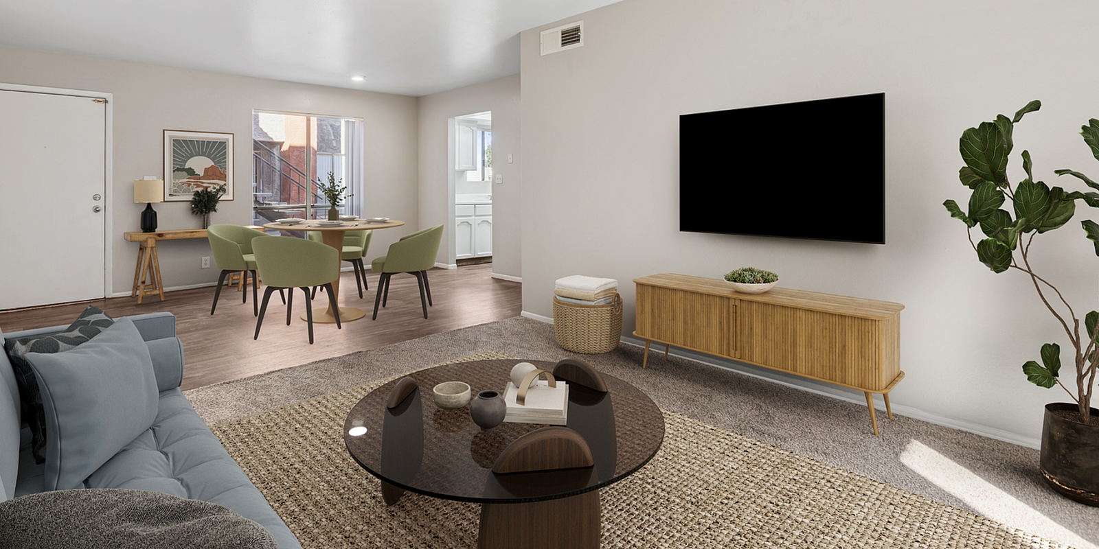Virtually staged living room at Bridge Lane with a tv, console, coffee table, couch and view into dining room