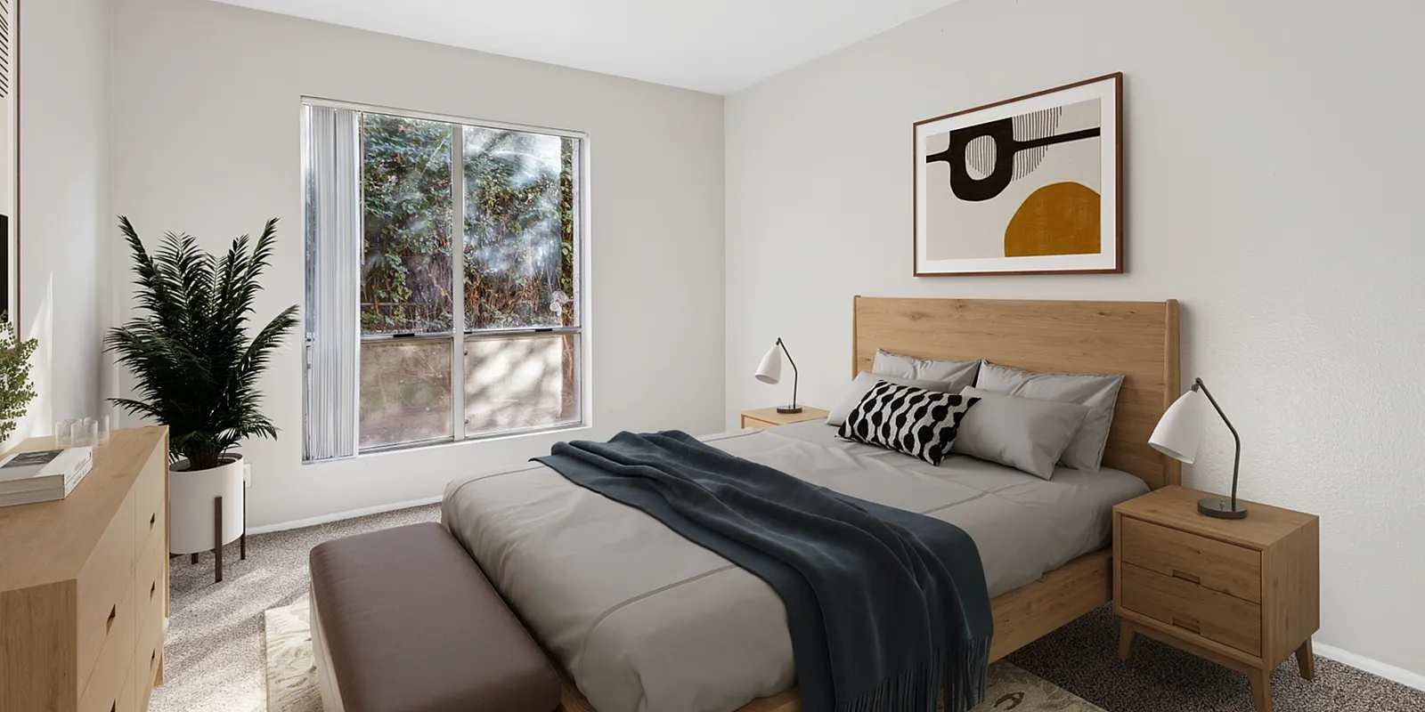 Virtually staged bedroom at Bridge Lane with a bed, dresser, side table and art and windows