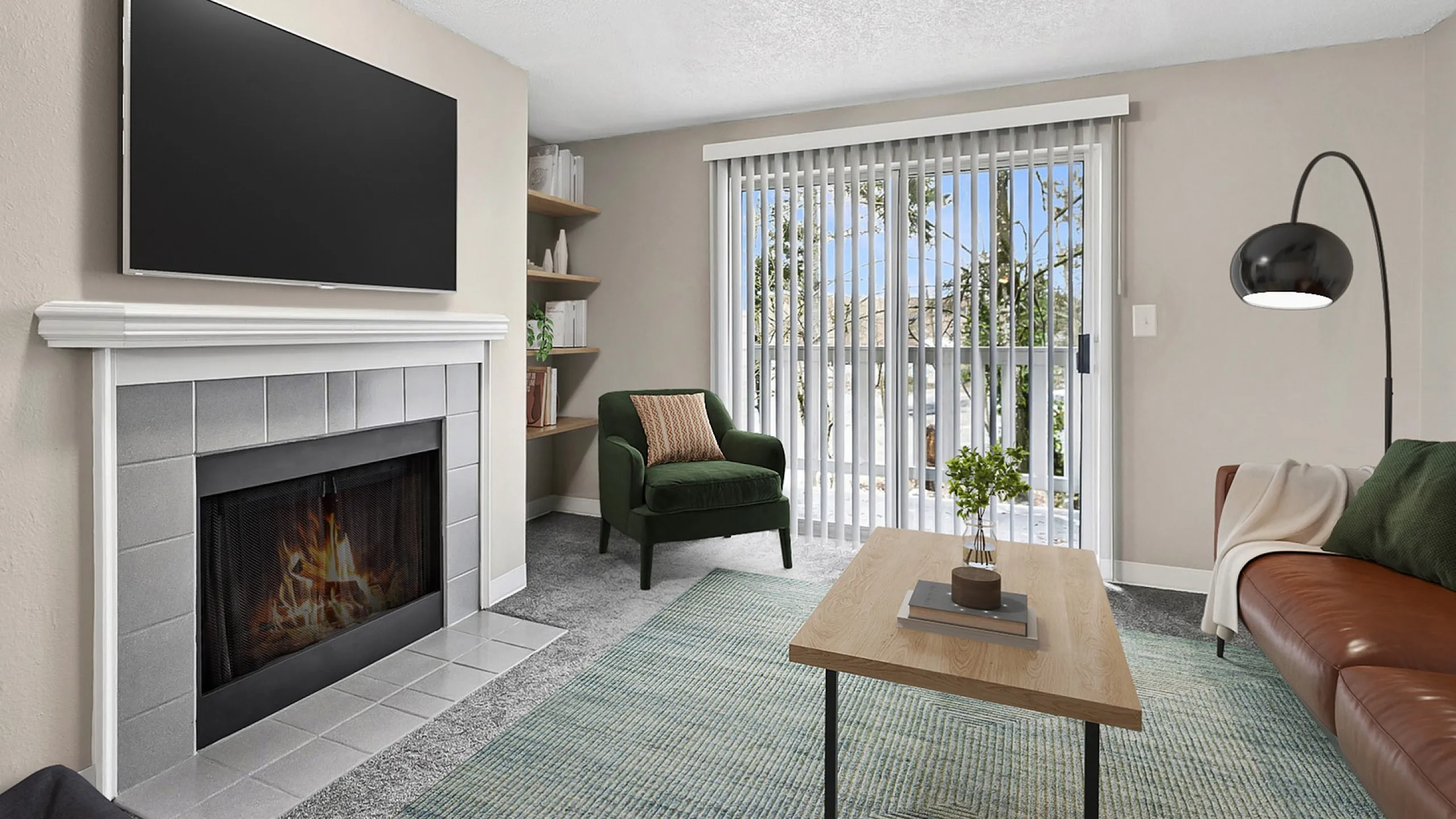 Timber Flats Living room virtually staged with a couch, coffee table, shelving