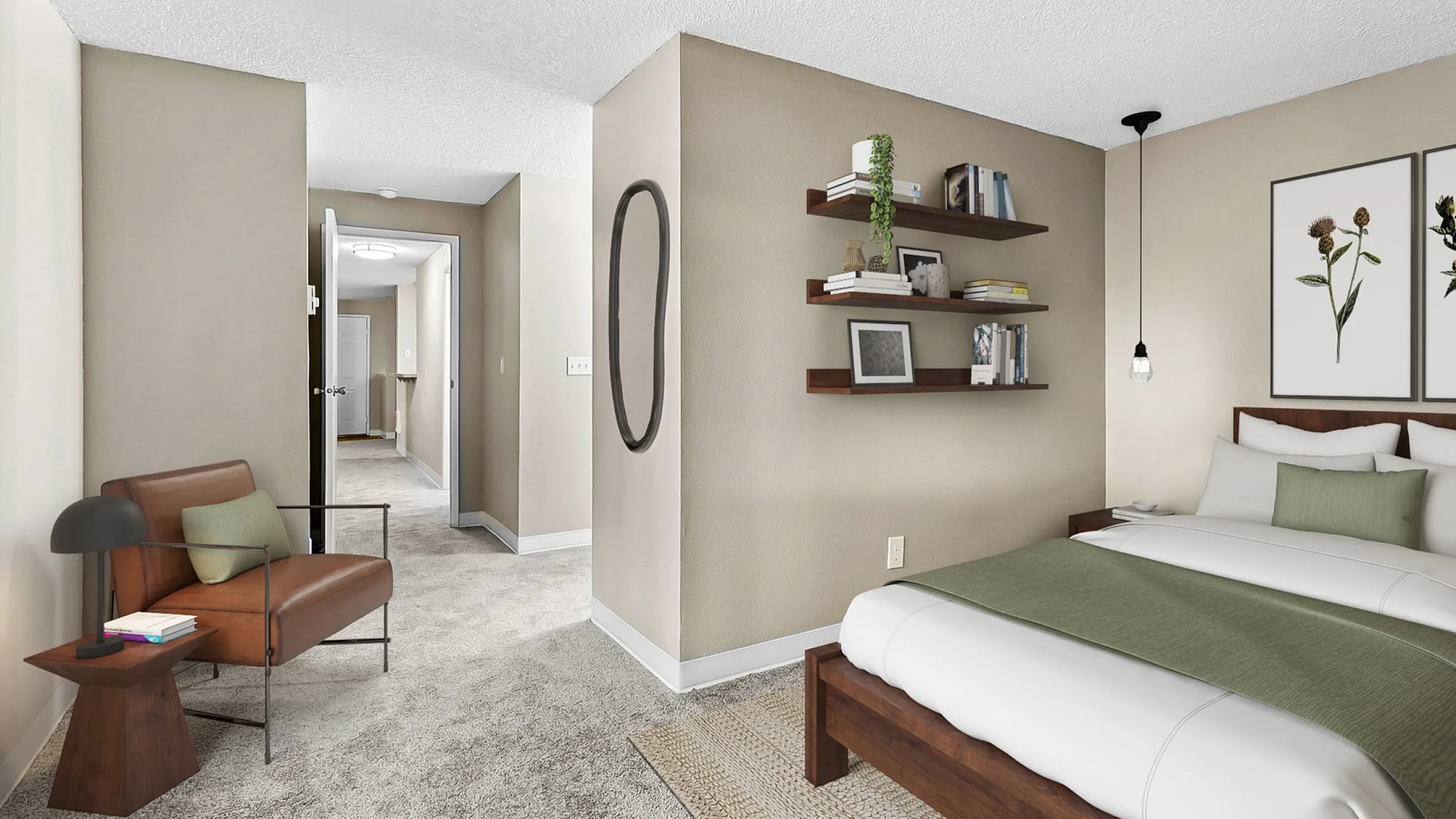 Timber flats bedroom with a bed, chair, shelves and art