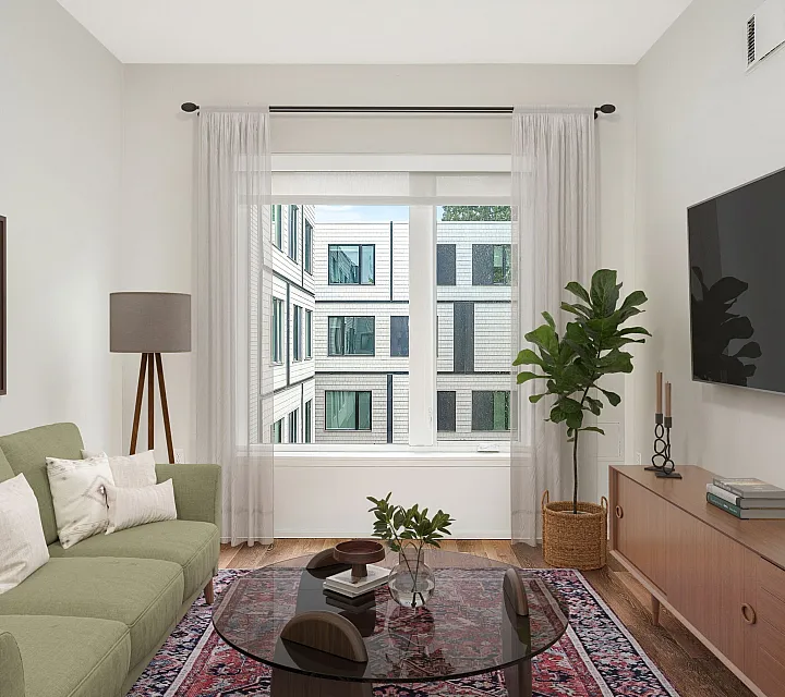 Virtually staged apartment at Lyra with a couch, tv, coffee table, rug and window