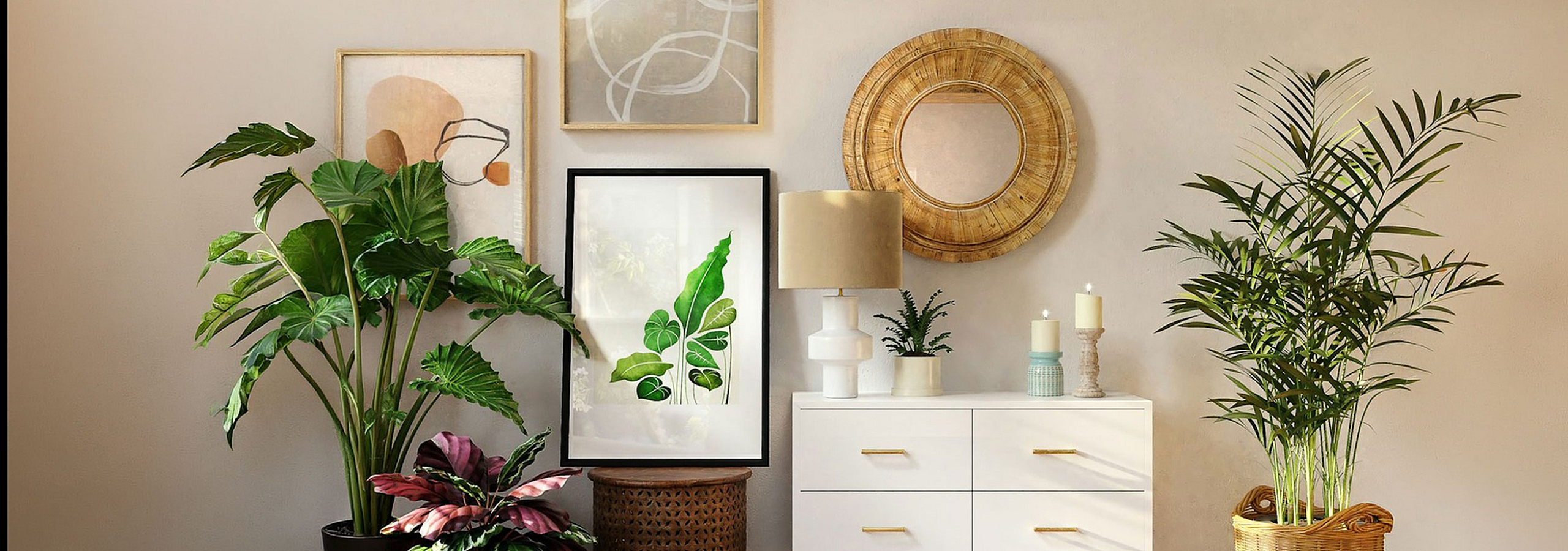 decorative plants and art next to a four drawer console