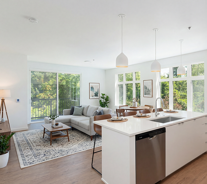 kitchen with quartz counters and tile backsplash and stainless steel appliances