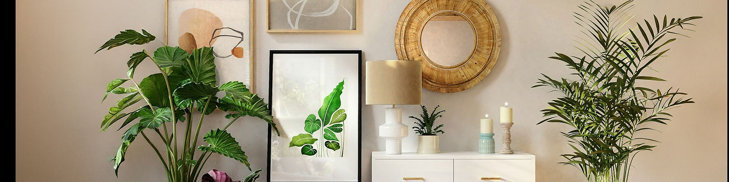 drawer unit with decorative candles and art work in the wall