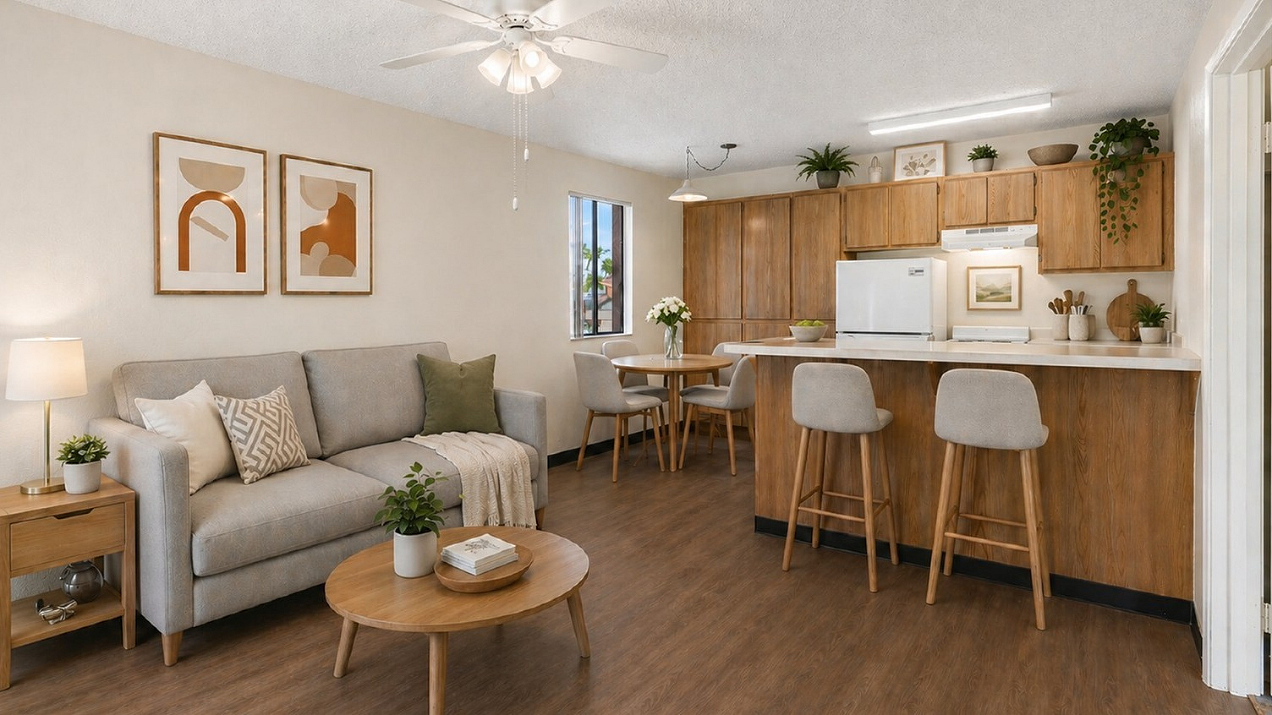 Virtually staged open concept floor plan with breakfast bar and wood like flooring at orchard mesa