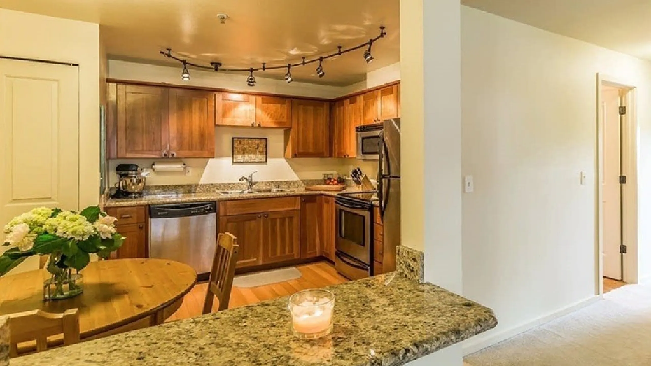 kitchen with stainless steel appliances and wood like flooring at patagonia village