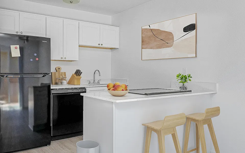 Virtually staged kitchen with fridge, sink, counter, and oven.