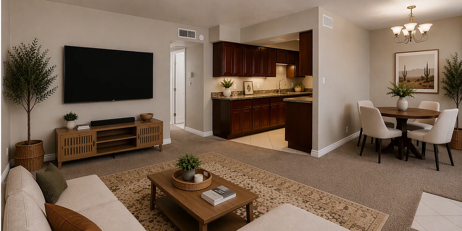 Virtually staged living room and dining room at soliars at the biltmore with a couch and tv and dining area