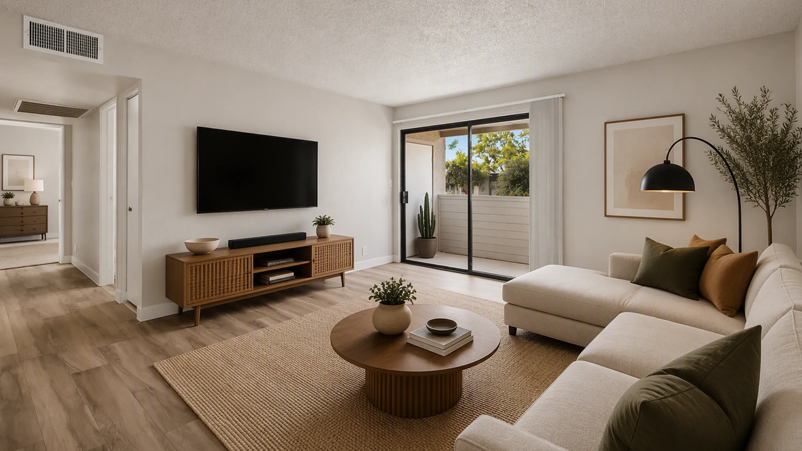 living room with faux hardwood flooring a black console, a glass and metal coffee table and a taupe sofa and arm chairs at peoria grand apartments