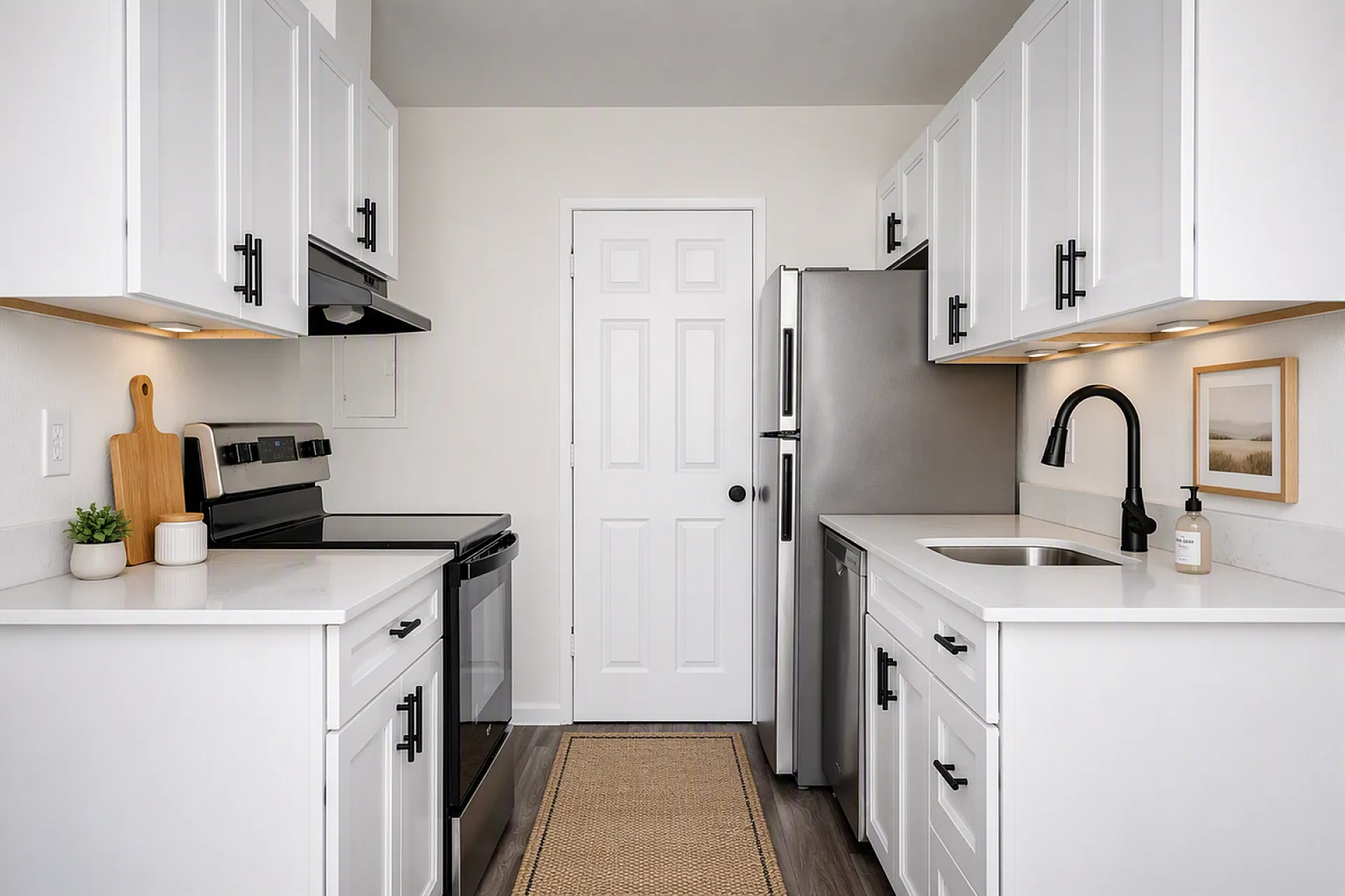 virtually staged kitchen with faux hardwood flooring and white cabinets and stainless steel appliances and decorative accessories