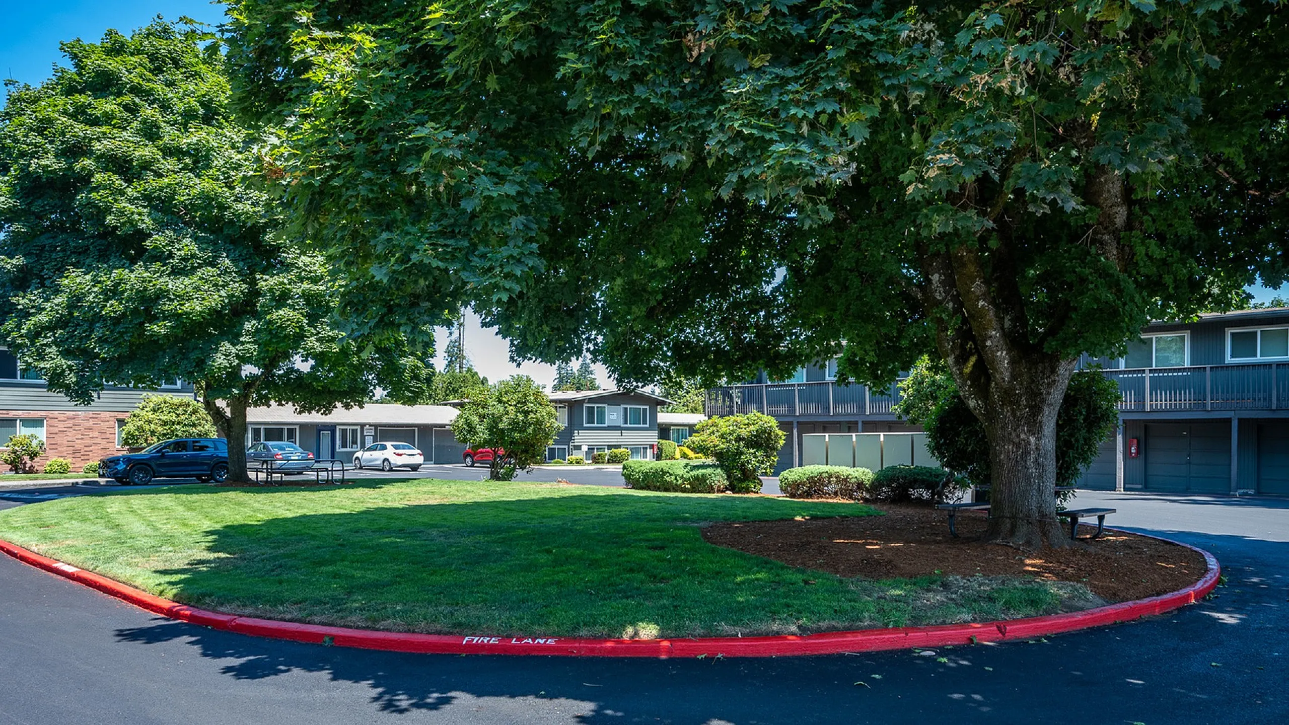 exterior of hidden court apartments with big trees