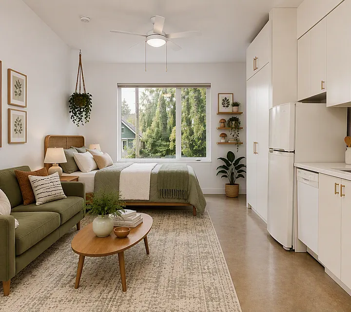 virtually staged studio at Cassi with a couch, rug and coffee table