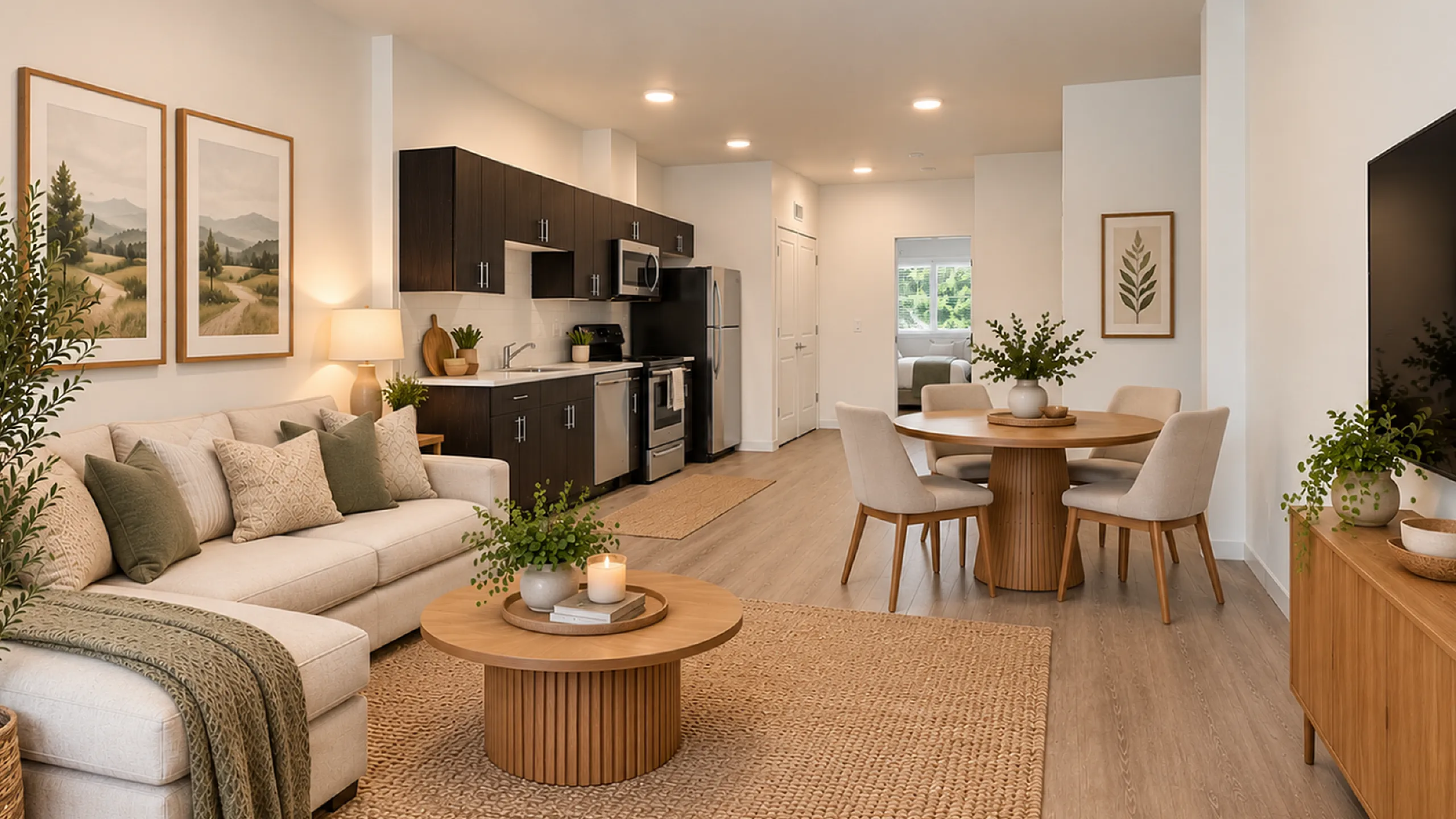 Virtually staged living and dining area