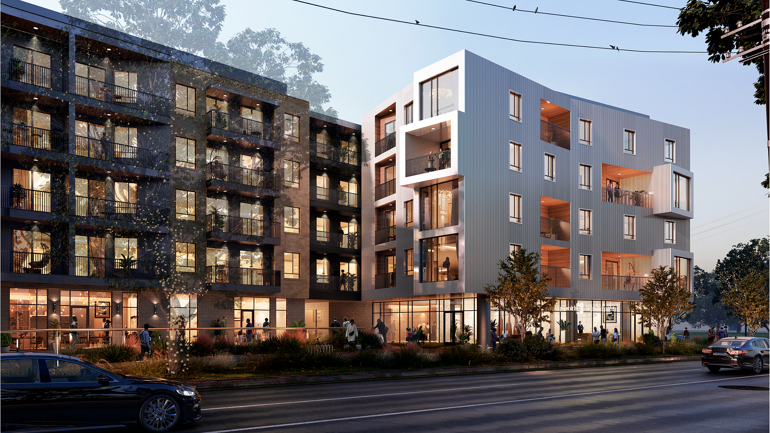 Modern urban apartment complex with a blend of brick and metal facade, featuring balconies and large windows.