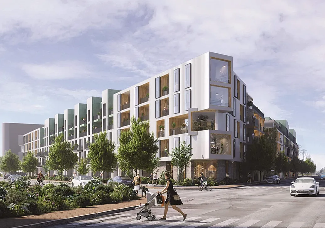 Modern apartment building with sleek geometric design and expansive windows in a tree-lined neighborhood.