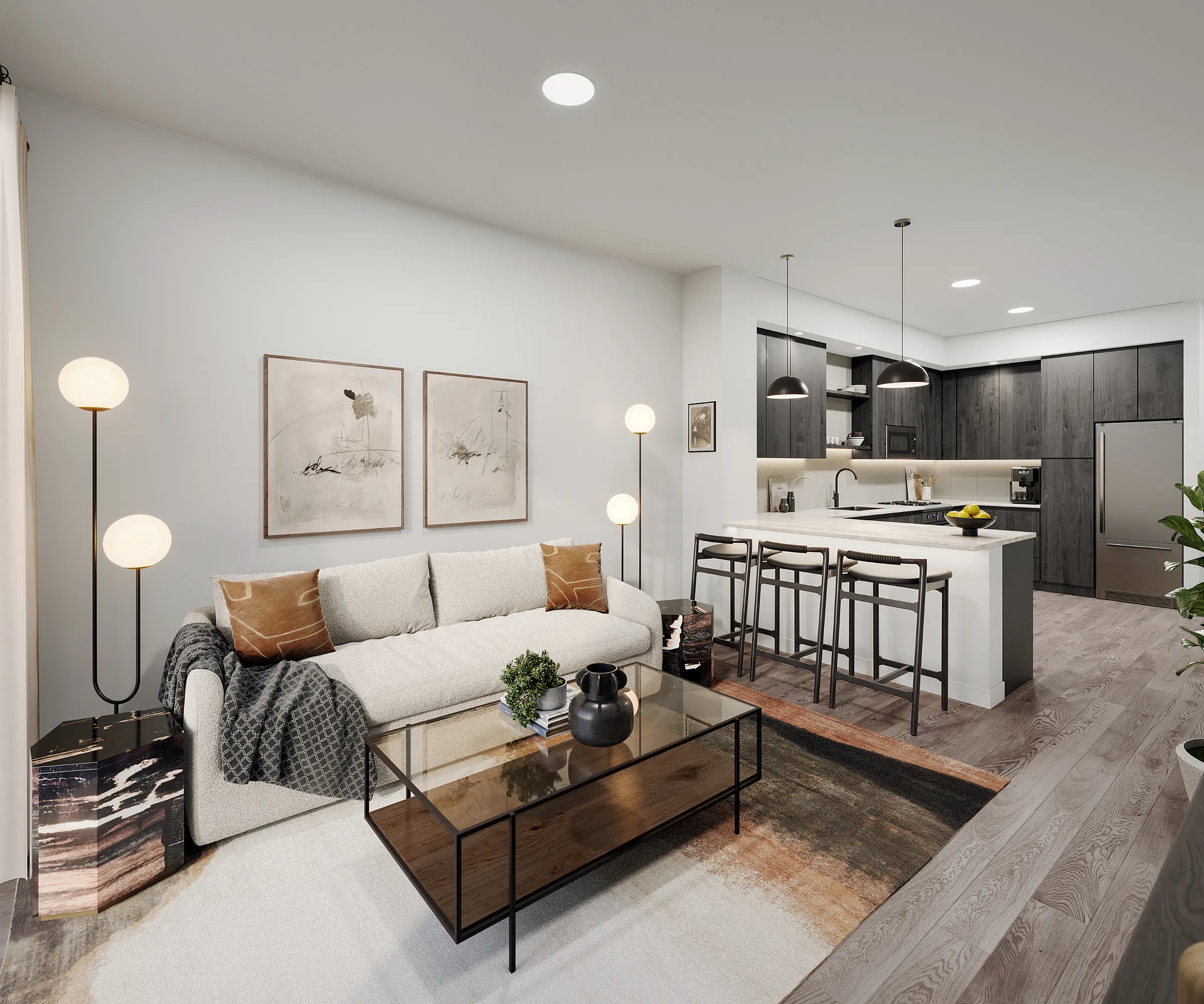 Bright and modern open-concept living room and kitchen with elegant furnishings.