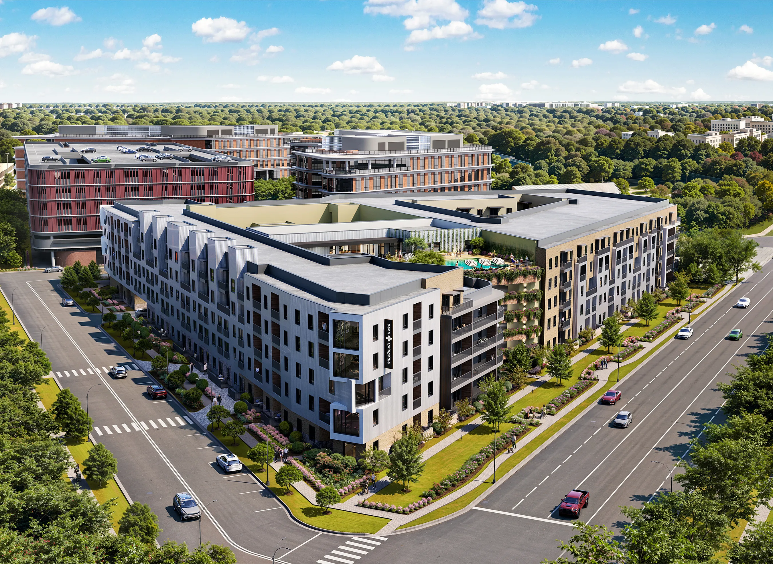 Contemporary apartment complex with lush landscaping and rooftop amenities in a city setting.