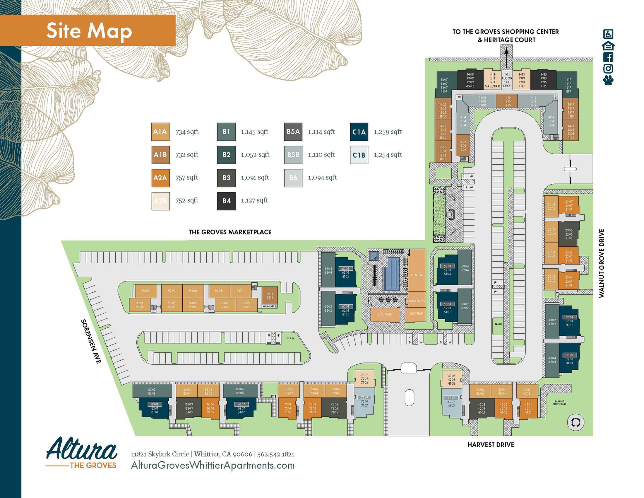 Comprehensive site map of Altura The Groves, featuring various apartment options and amenities with easy access to The Groves Shopping Center.