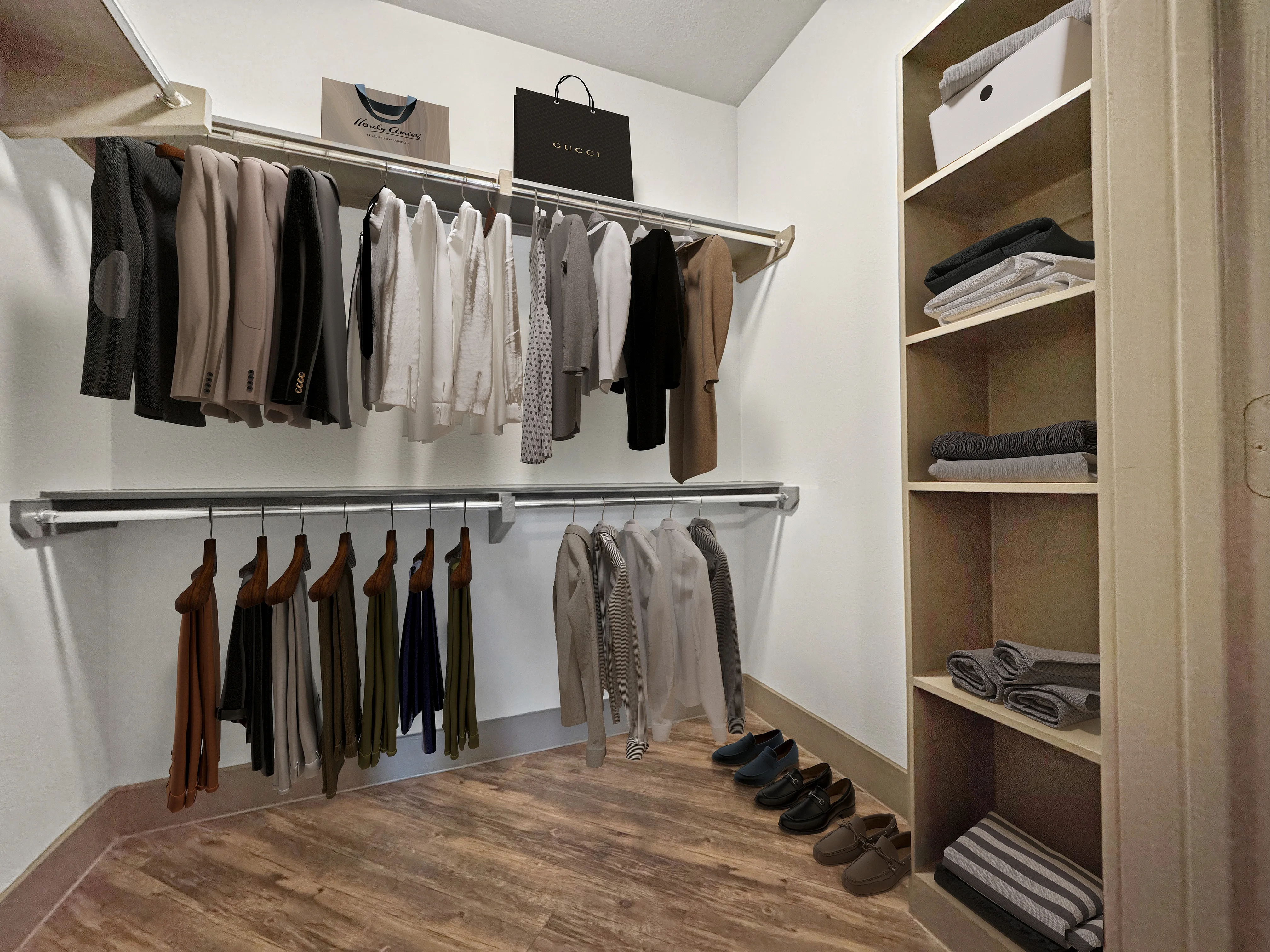Spacious walk-in closet with elegant clothing organization, wood flooring, and ample shelving space.