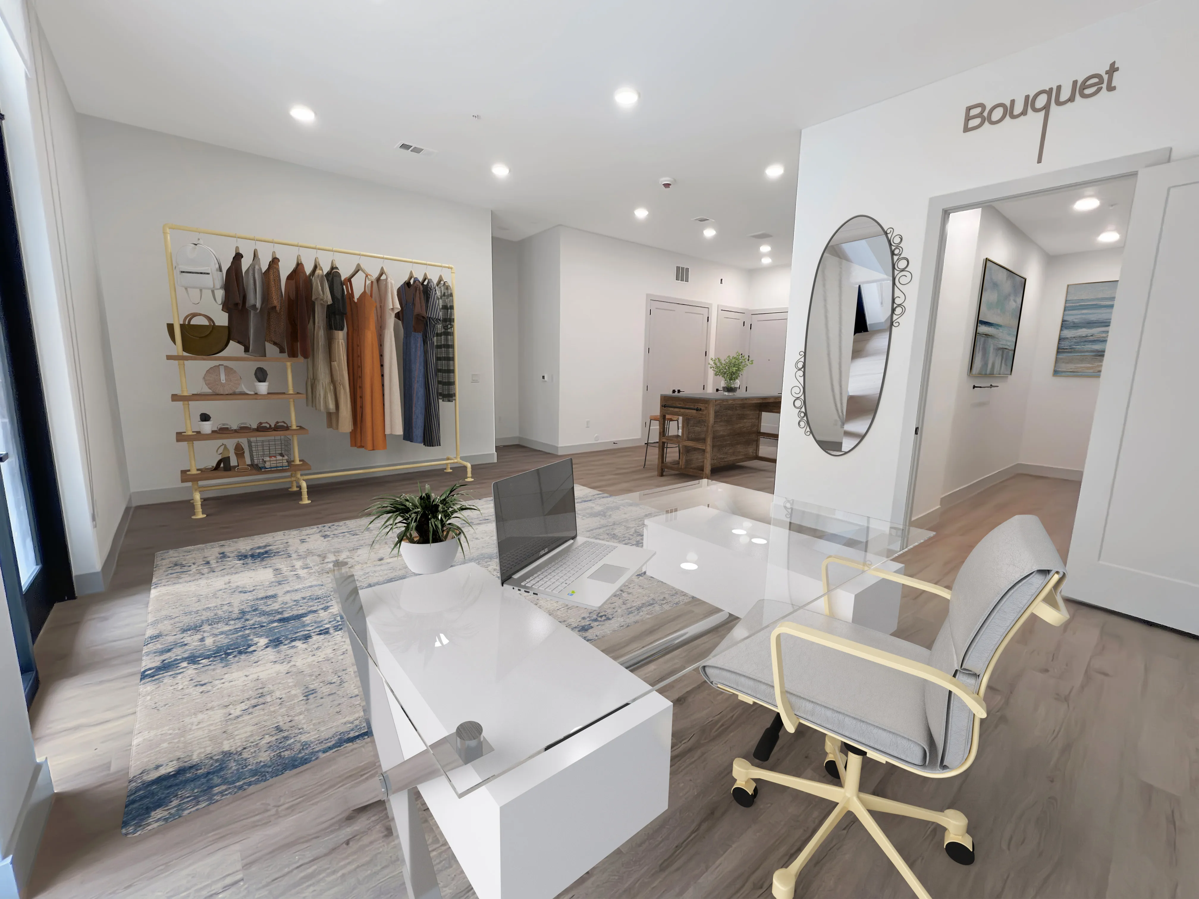 East Austin Apartments | Apartments in Austin | New apartments in Austin |Chic boutique interior with stylish clothing rack, contemporary desk setup, and modern decor, offering a bright, inviting atmosphere.