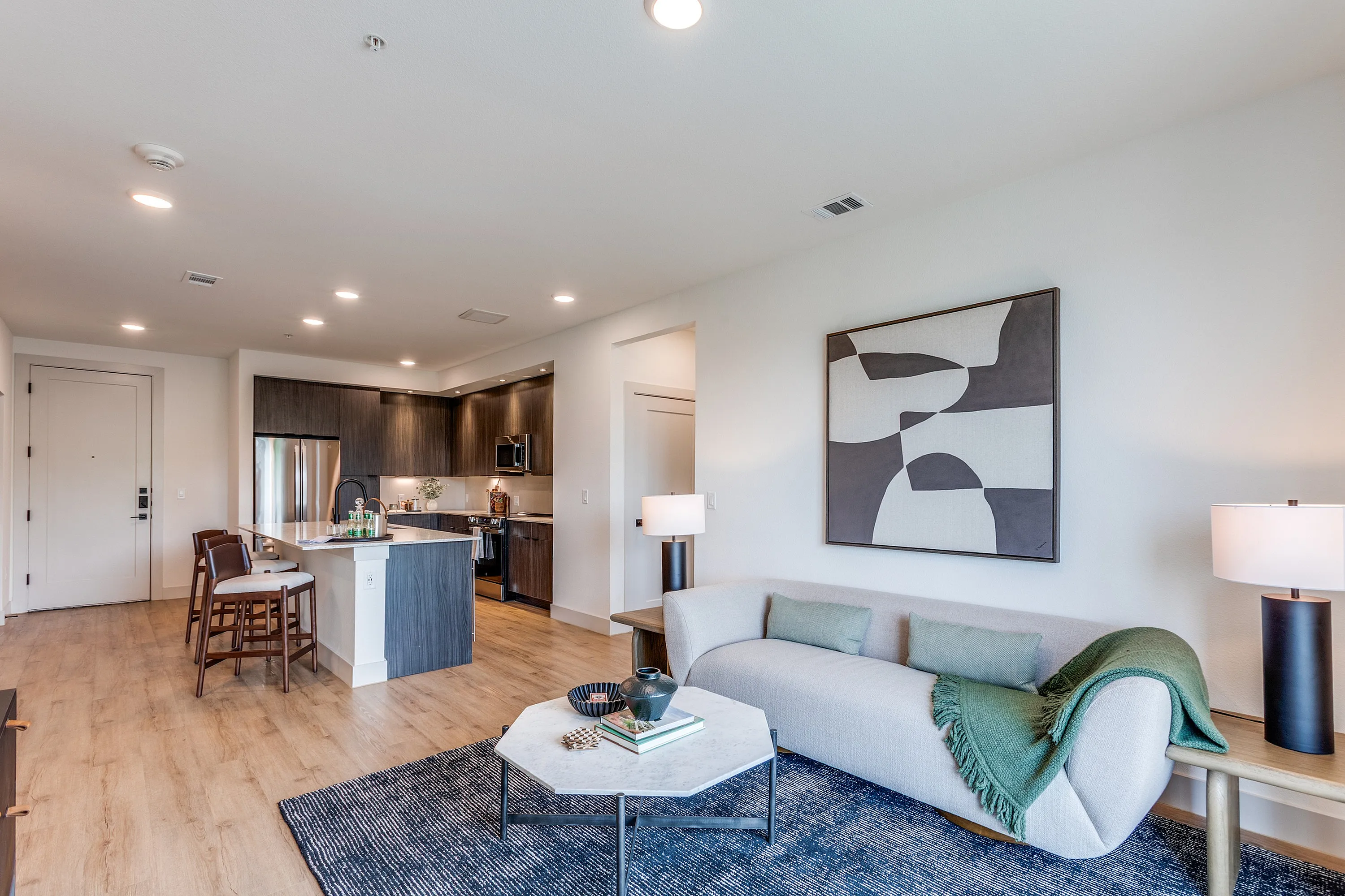 Modern open-plan apartment with stylish kitchen, cozy living area, and elegant decor featuring a gray couch and abstract artwork.