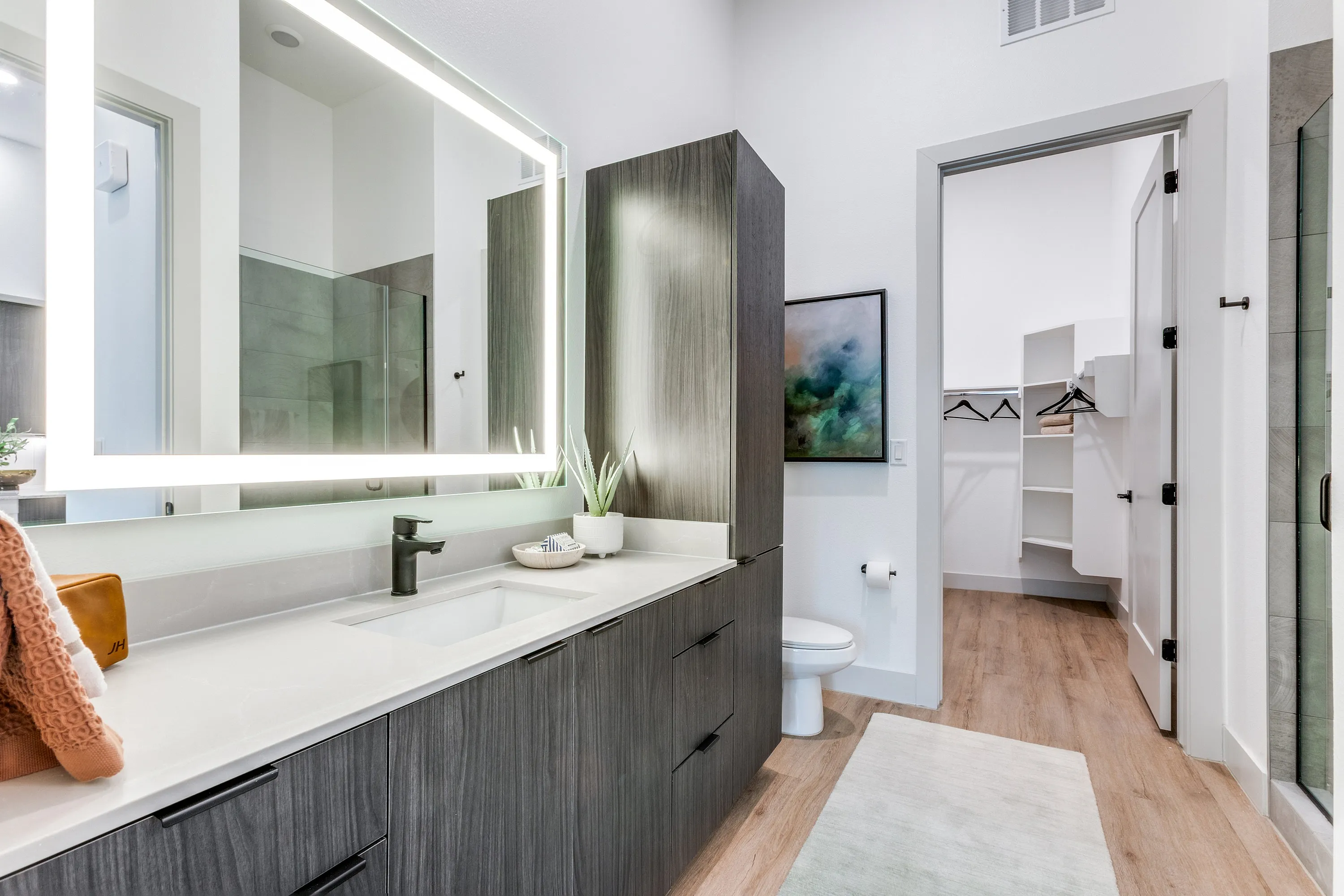 Modern bathroom with sleek dark cabinetry, illuminated mirror, and open walk-in closet, exuding luxury and spaciousness.