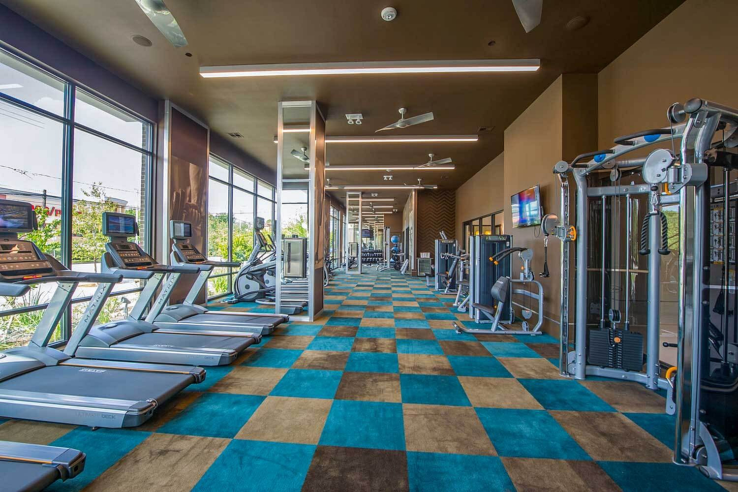 Modern gym with vibrant blue and brown checkered flooring, equipped with treadmills, exercise machines, and large windows offering a scenic view.