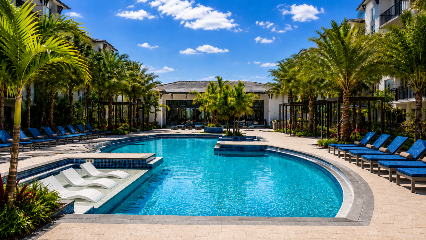 Luxurious apartment swimming pool area with elegant lounge chairs, surrounded by palm trees under a vibrant blue sky.