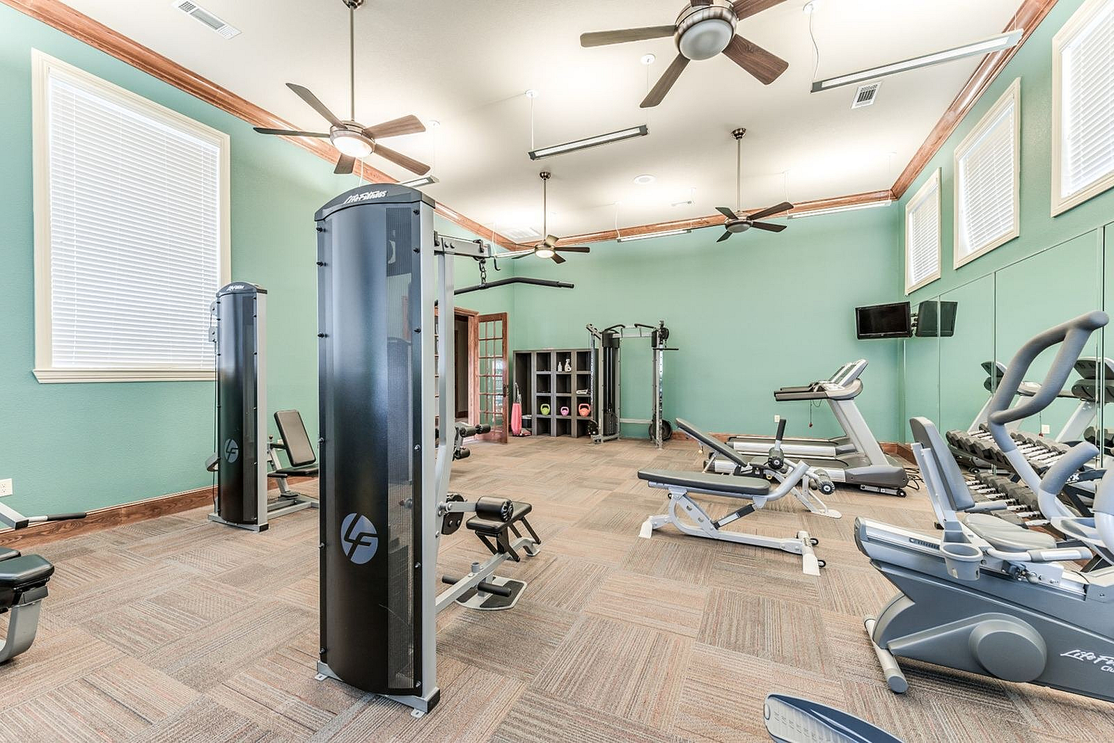 Community fitness center with strength equipment, cardio machines, and exercise accessories