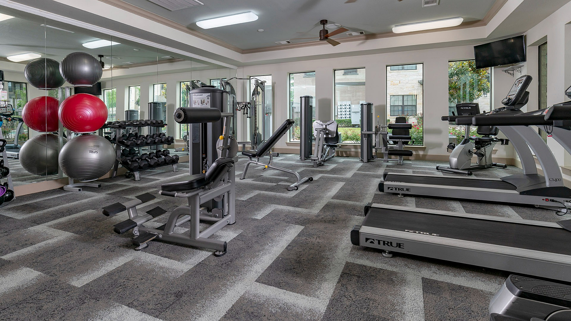 Modern apartment gym featuring state-of-the-art equipment, bright natural lighting, and sleek design.