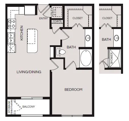 Elegant floor plan showing a single bedroom, modern kitchen, and spacious living area with a balcony.
