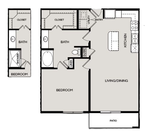 2D floor plan showcasing two bedrooms, two bathrooms, a combined living and dining area, and a modern kitchen layout.