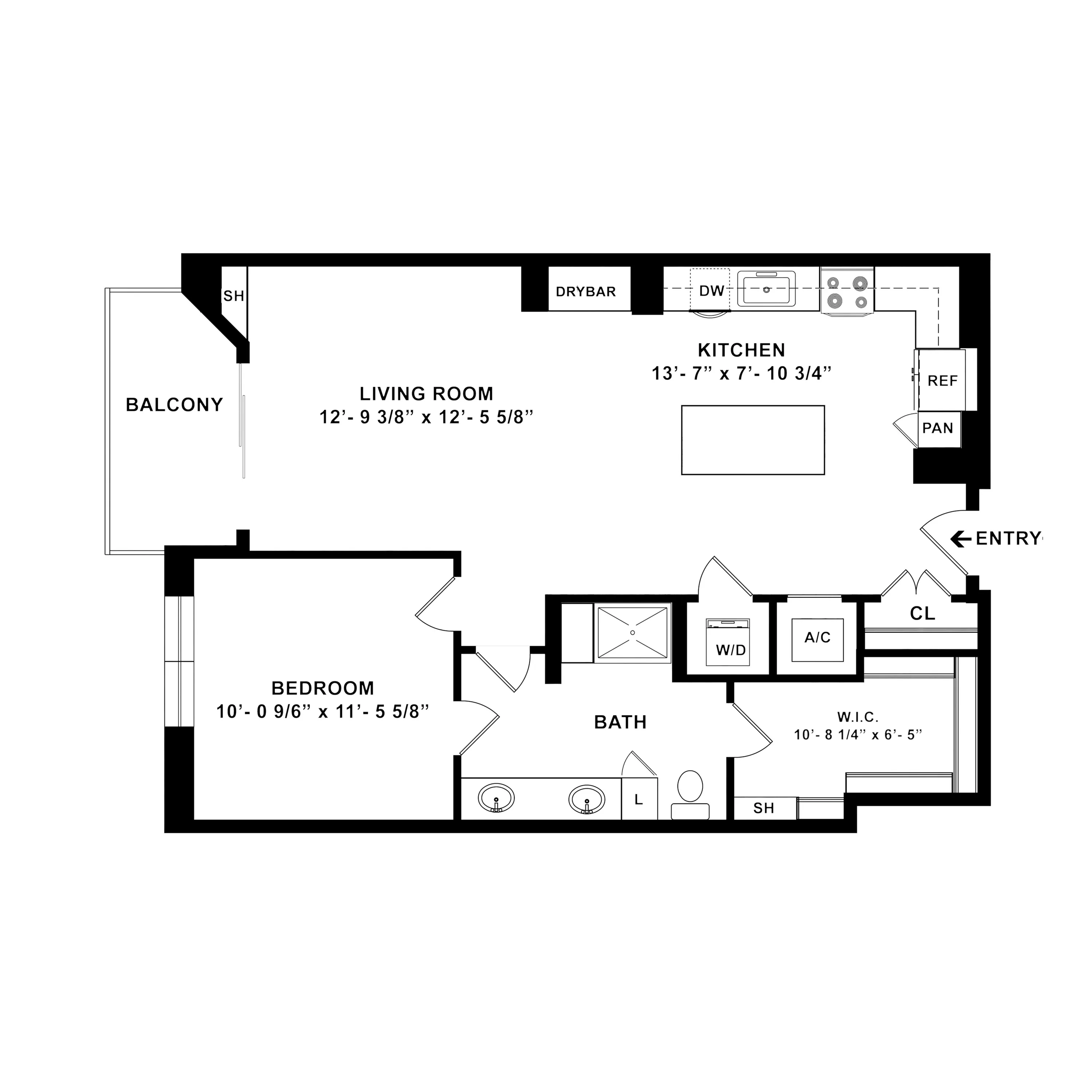 Efficient floor plan displaying a spacious bedroom, open living area, and modern kitchen with balcony.