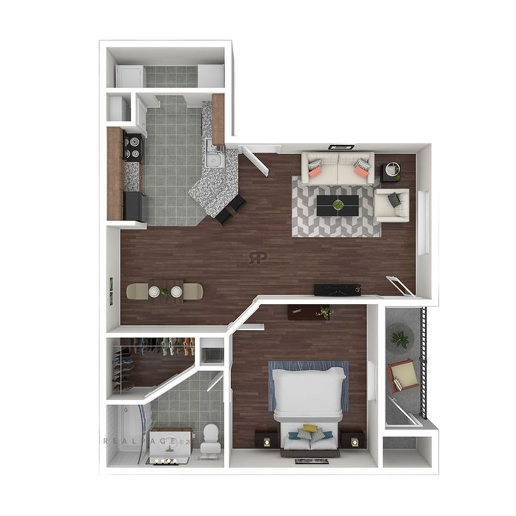Modern floor plan showcasing a spacious one-bedroom apartment with open-concept living area, elegant kitchen, and cozy bedroom.