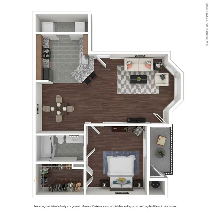 Contemporary 1-bedroom apartment floor plan featuring an open-concept living and dining area, modern kitchen, chic bathroom, and spacious balcony.