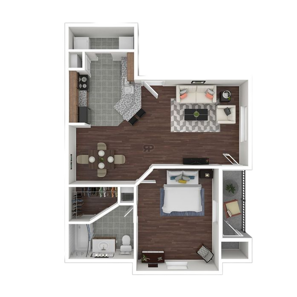 Chic 2D floor plan featuring a spacious bedroom, stylish living room, modern kitchen, and elegant bathroom.